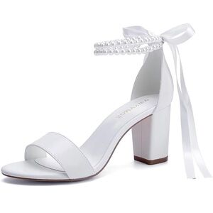Elegant White Heeled Sandals with Pearl Ankle Strap